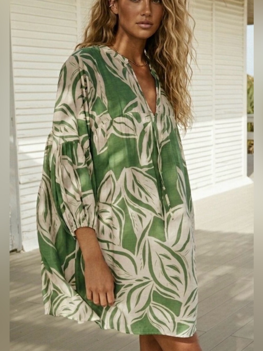Zara Women’s Green Leaf-Print Babydoll Dress